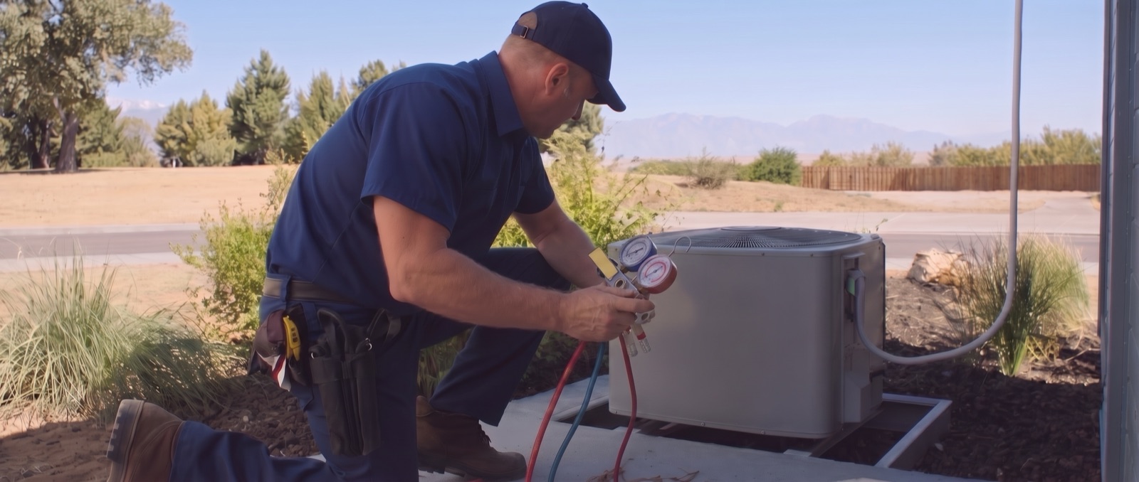 An HVAC technician in a navy uniform kneels beside an outdoor air conditioning condenser unit, attaching refrigerant pressure gauges, with the Rocky Mountain foothills in the background on a clear day